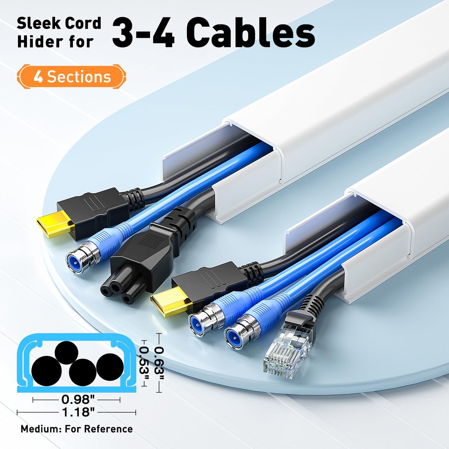 Delamu Cord Hider, 62.8in Cord Covers for Wires on Wall, Wire Covers for Cords, Cable Hider Wire Hider, Cable Cover Management, TV Cord Hider for Wall Mounted TV, 4X L15.7 W1.18 H0.63in