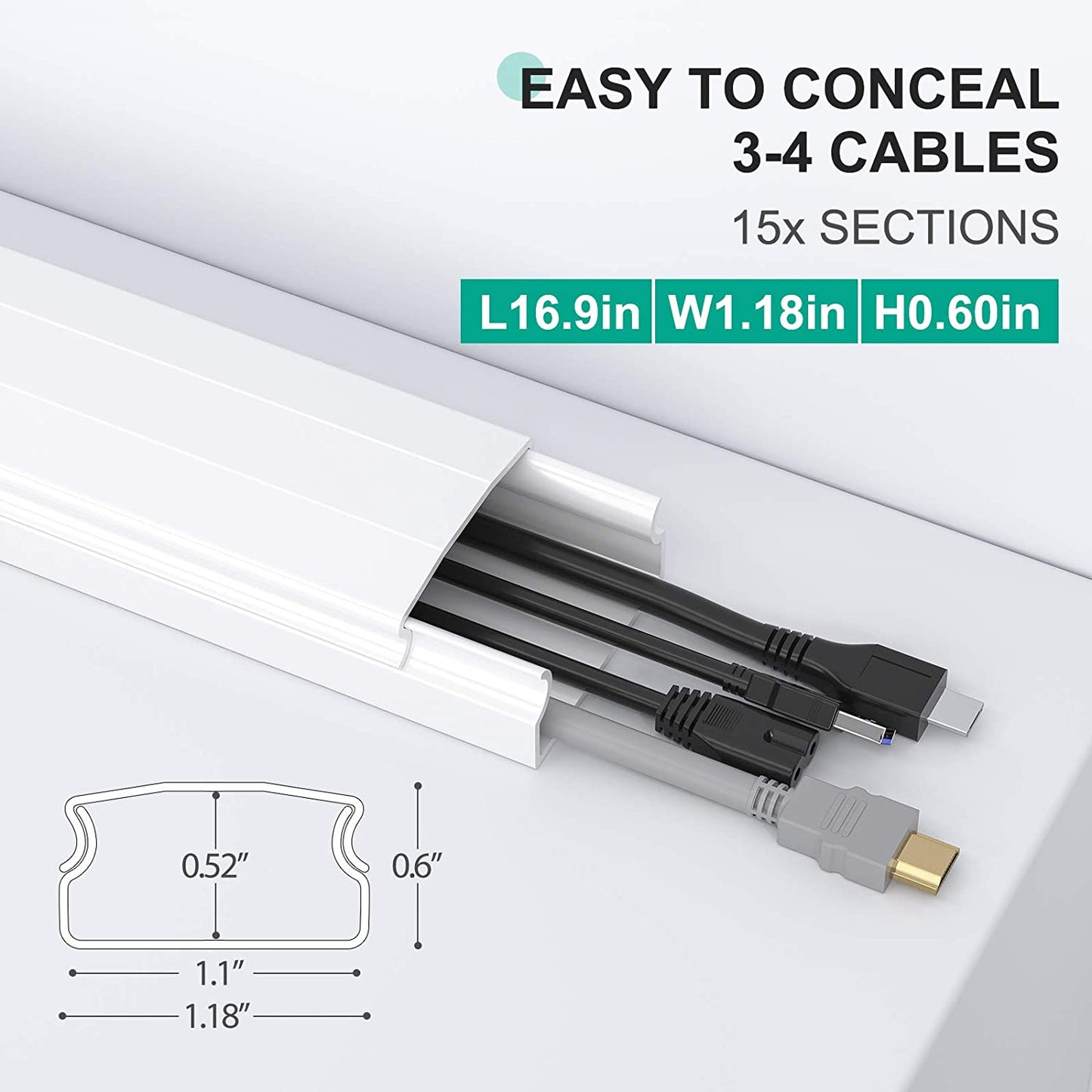 254" Paintable Wall Cable Raceway for TV Computer Cords, Holds 3-4 Cables, 15 Pack, Stocky