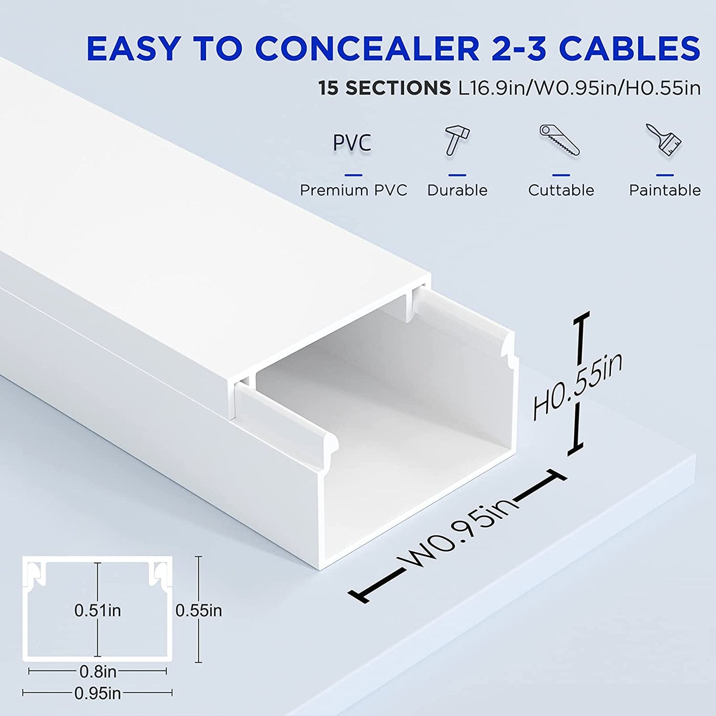 254" Paintable Wall Cable Raceway for TV Computer Cords, Holds 2-3 Cables, 15 Pack, Slim