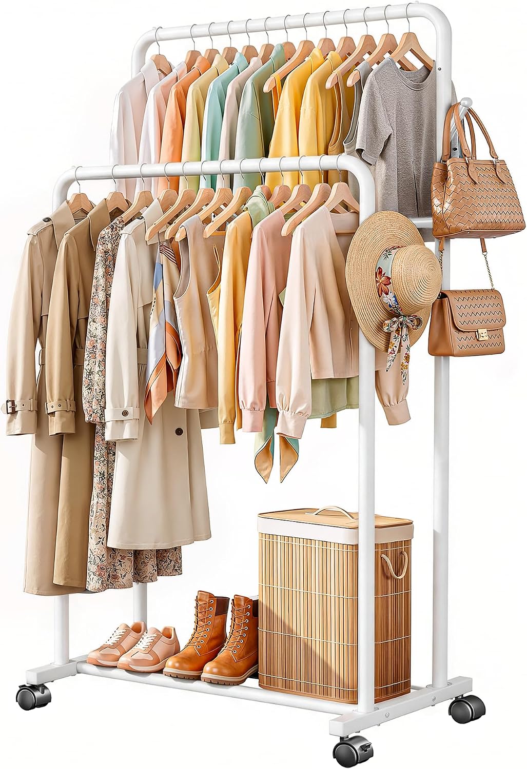 Delamu Double Rods Clothing Rack for Hanging Clothes, Portable Wardrobe Closet Rack, Metal Garment Rack with Rolling Wheels, White