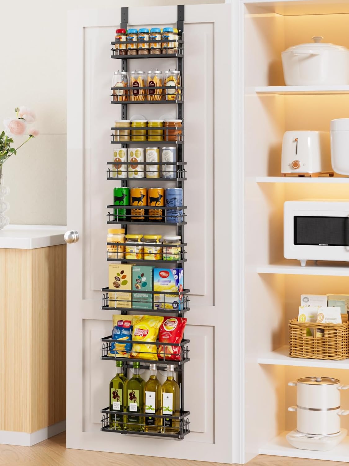 Delamu 9-Tier Over the Door Pantry Organizer, Adjustable Pantry Door Organizers and Storage, Metal Hanging Basket Wall Spice Rack Seasoning Organizer, Door Organizer Kitchen Bedroom Bathroom