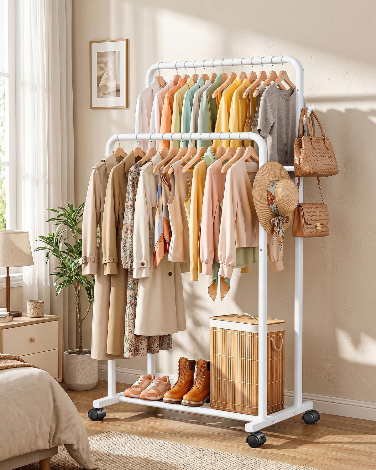 Delamu Double Rods Clothing Rack for Hanging Clothes, Portable Wardrobe Closet Rack, Metal Garment Rack with Rolling Wheels, White