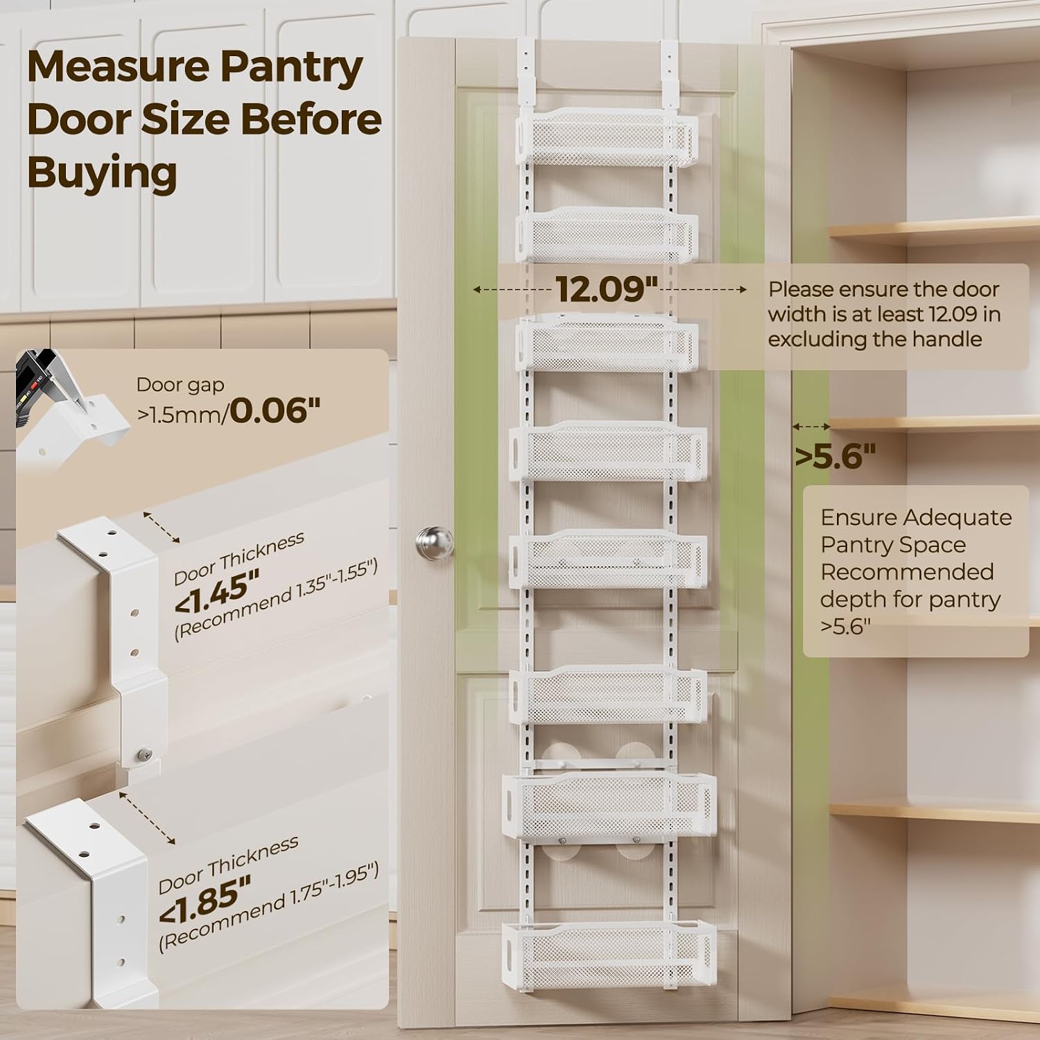 Delamu 8 Tier Over the Door Pantry Organizer, 2in1 Hanging or Wall Mount Spice Rack Seasoning, Adjustable Heavy-Duty Narrow Pantry Door Organizer and Storage for Kitchen Cabinet and Bathroom,12" White