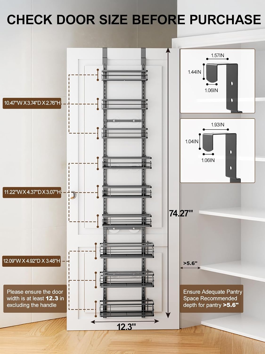 Delamu 9-Tier Over the Door Pantry Organizer, Adjustable Pantry Door Organizers and Storage, Metal Hanging Basket Wall Spice Rack Seasoning Organizer, Door Organizer Kitchen Bedroom Bathroom