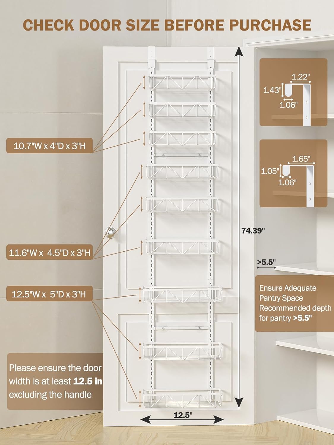 Delamu Narrow 9-Tier Over the Door Pantry Organizer, Adjustable Pantry Storage, Metal Hanging Spice Rack, Cabinet Door Organizer for Kitchen, Bathroom, Laundry Room