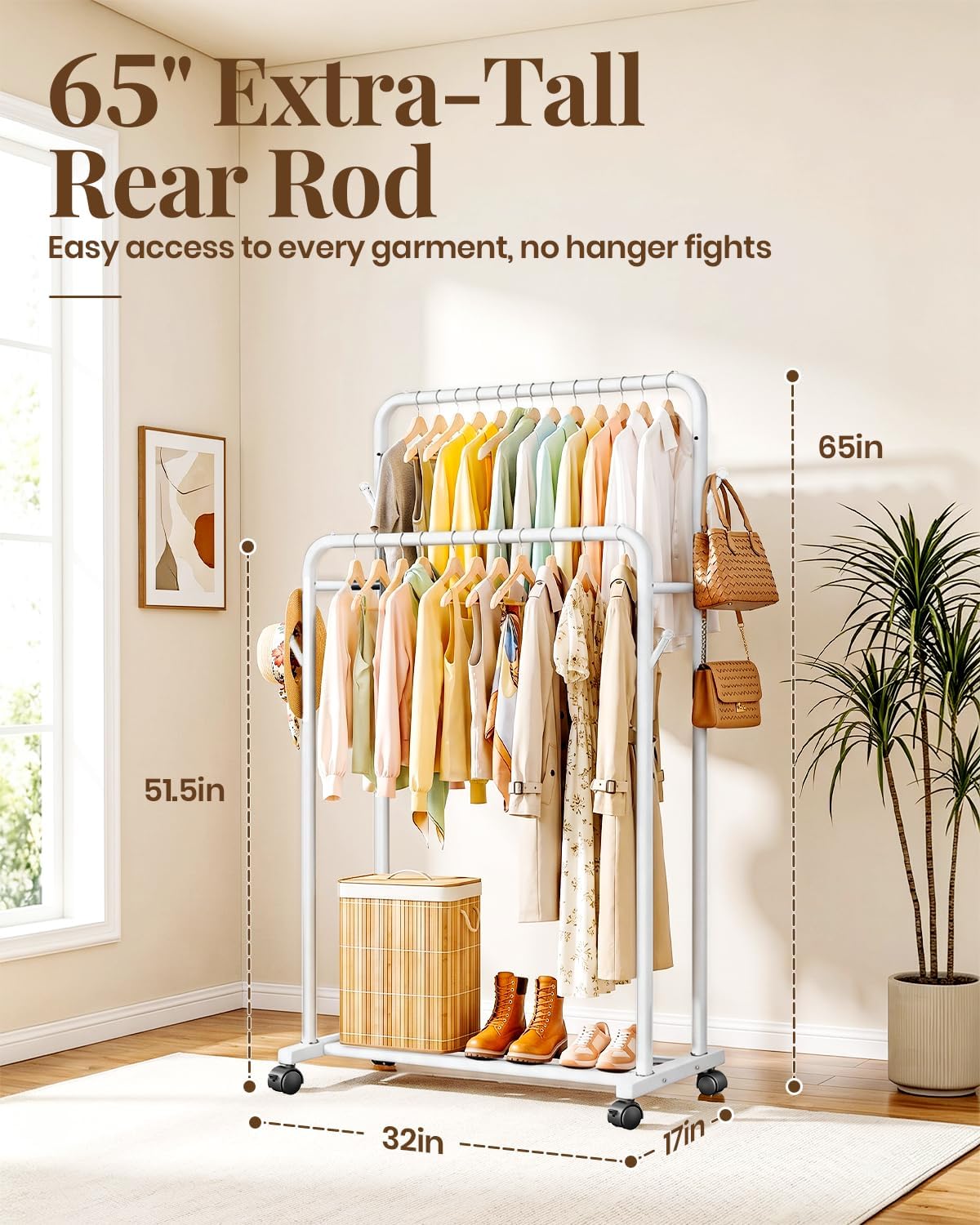 Delamu Double Rods Clothing Rack for Hanging Clothes, Portable Wardrobe Closet Rack, Metal Garment Rack with Rolling Wheels, White