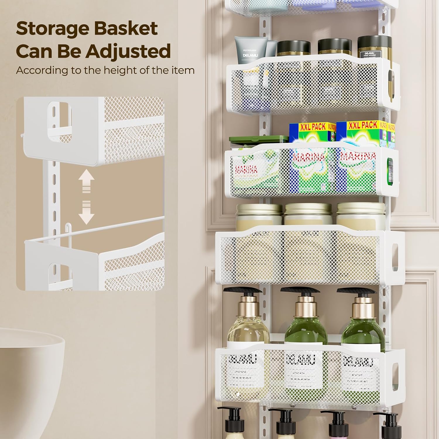 Delamu 8 Tier Over the Door Pantry Organizer, 2in1 Hanging or Wall Mount Spice Rack Seasoning, Adjustable Heavy-Duty Narrow Pantry Door Organizer and Storage for Kitchen Cabinet and Bathroom,12" White
