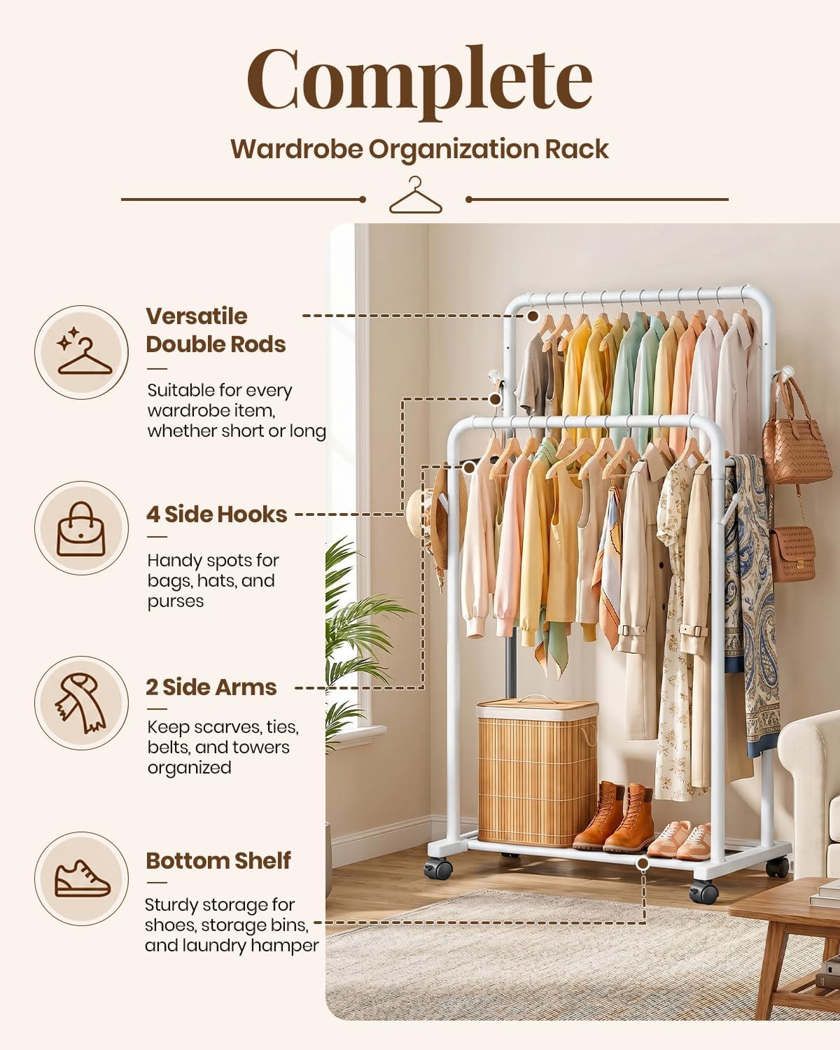 Delamu Double Rods Clothing Rack for Hanging Clothes, Portable Wardrobe Closet Rack, Metal Garment Rack with Rolling Wheels, White