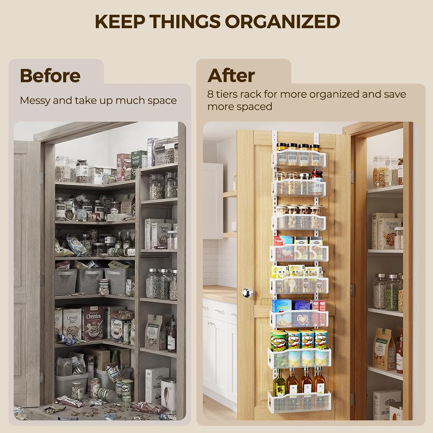 Delamu 8 Tier Over the Door Pantry Organizer, 2in1 Hanging or Wall Mount Spice Rack Seasoning, Adjustable Heavy-Duty Narrow Pantry Door Organizer and Storage for Kitchen Cabinet and Bathroom,12" White