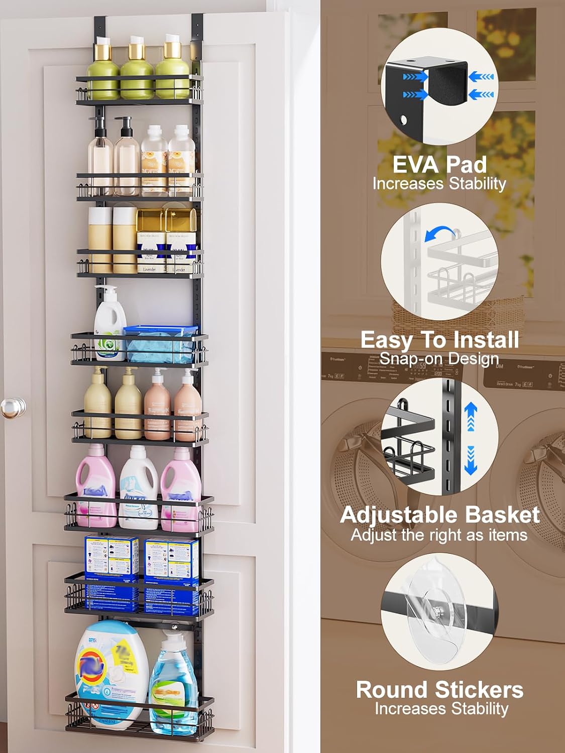 Delamu 9-Tier Over the Door Pantry Organizer, Adjustable Pantry Door Organizers and Storage, Metal Hanging Basket Wall Spice Rack Seasoning Organizer, Door Organizer Kitchen Bedroom Bathroom
