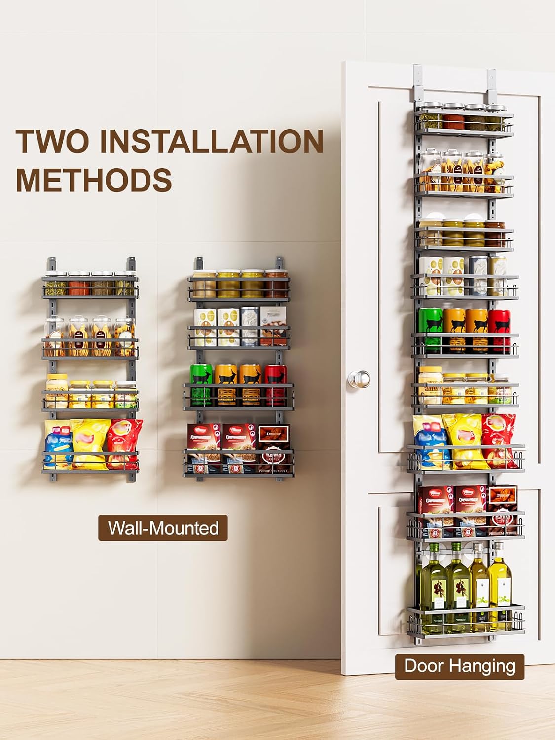 Delamu 9-Tier Over the Door Pantry Organizer, Adjustable Pantry Door Organizers and Storage, Metal Hanging Basket Wall Spice Rack Seasoning Organizer, Door Organizer Kitchen Bedroom Bathroom