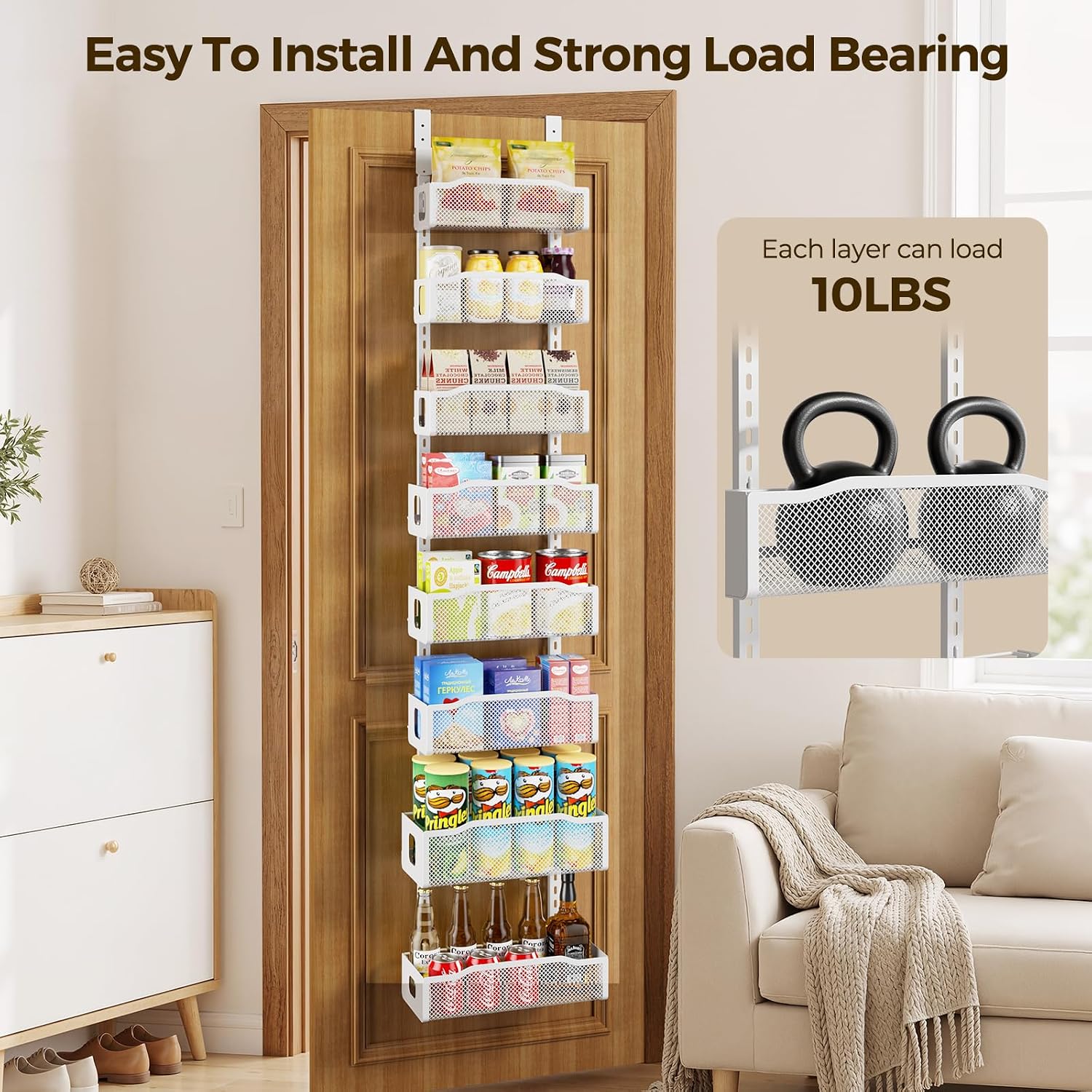 Delamu 8 Tier Over the Door Pantry Organizer, 2in1 Hanging or Wall Mount Spice Rack Seasoning, Adjustable Heavy-Duty Narrow Pantry Door Organizer and Storage for Kitchen Cabinet and Bathroom,12" White