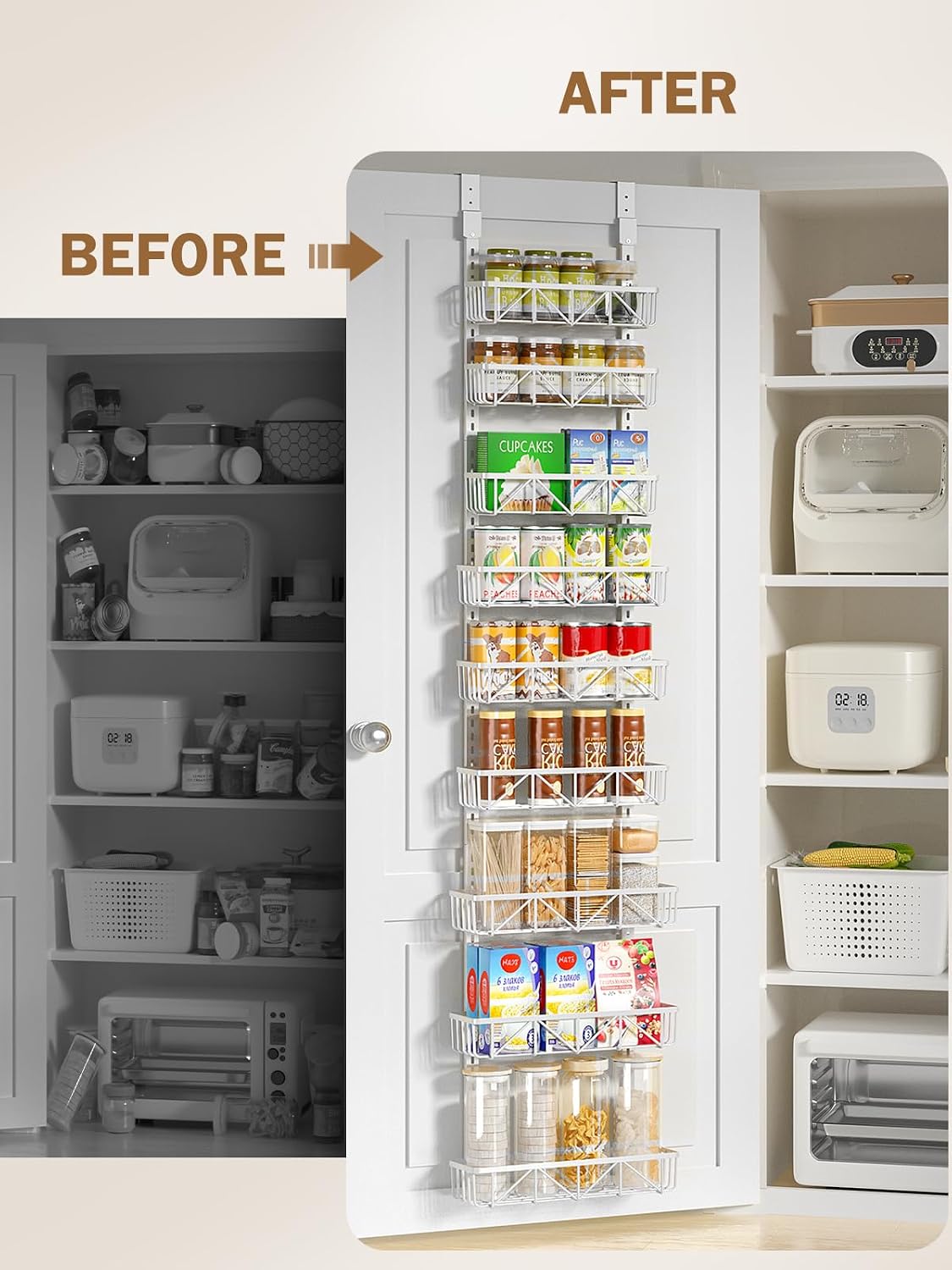 Delamu Narrow 9-Tier Over the Door Pantry Organizer, Adjustable Pantry Storage, Metal Hanging Spice Rack, Cabinet Door Organizer for Kitchen, Bathroom, Laundry Room