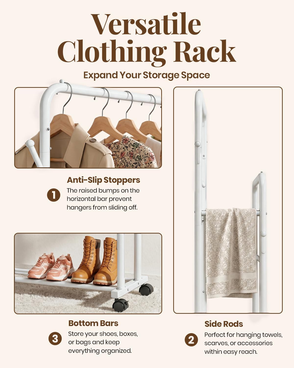 Delamu Double Rods Clothing Rack for Hanging Clothes, Portable Wardrobe Closet Rack, Metal Garment Rack with Rolling Wheels, White