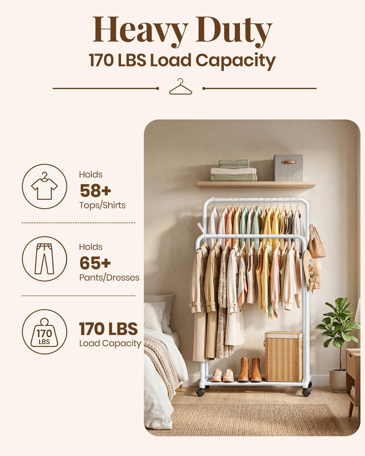 Delamu Double Rods Clothing Rack for Hanging Clothes, Portable Wardrobe Closet Rack, Metal Garment Rack with Rolling Wheels, White