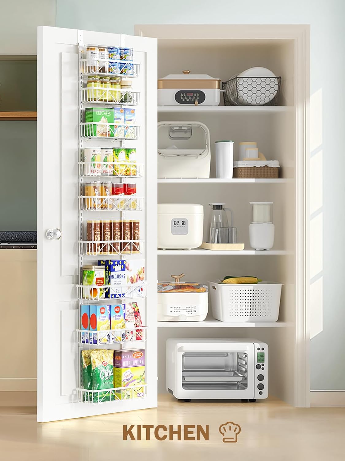 Delamu Narrow 9-Tier Over the Door Pantry Organizer, Adjustable Pantry Storage, Metal Hanging Spice Rack, Cabinet Door Organizer for Kitchen, Bathroom, Laundry Room