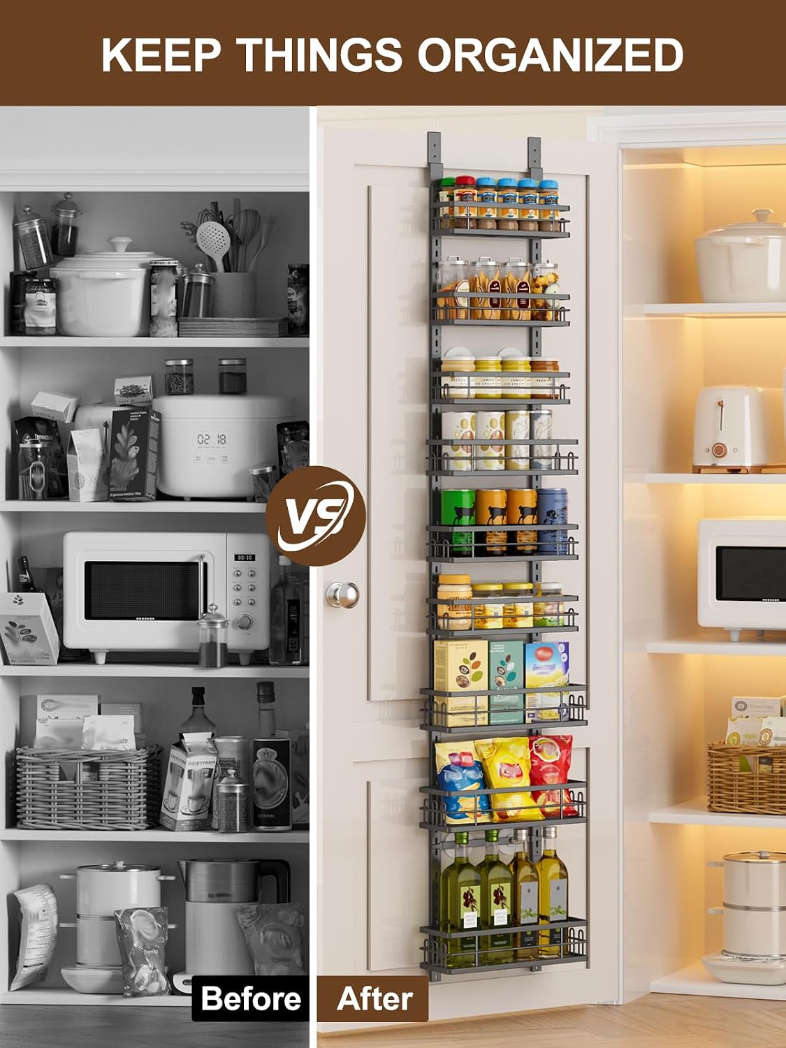 Delamu 9-Tier Over the Door Pantry Organizer, Adjustable Pantry Door Organizers and Storage, Metal Hanging Basket Wall Spice Rack Seasoning Organizer, Door Organizer Kitchen Bedroom Bathroom