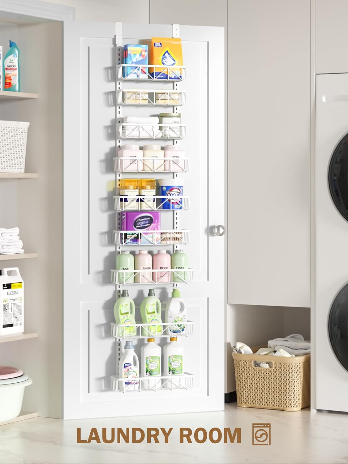 Delamu Narrow 9-Tier Over the Door Pantry Organizer, Adjustable Pantry Storage, Metal Hanging Spice Rack, Cabinet Door Organizer for Kitchen, Bathroom, Laundry Room