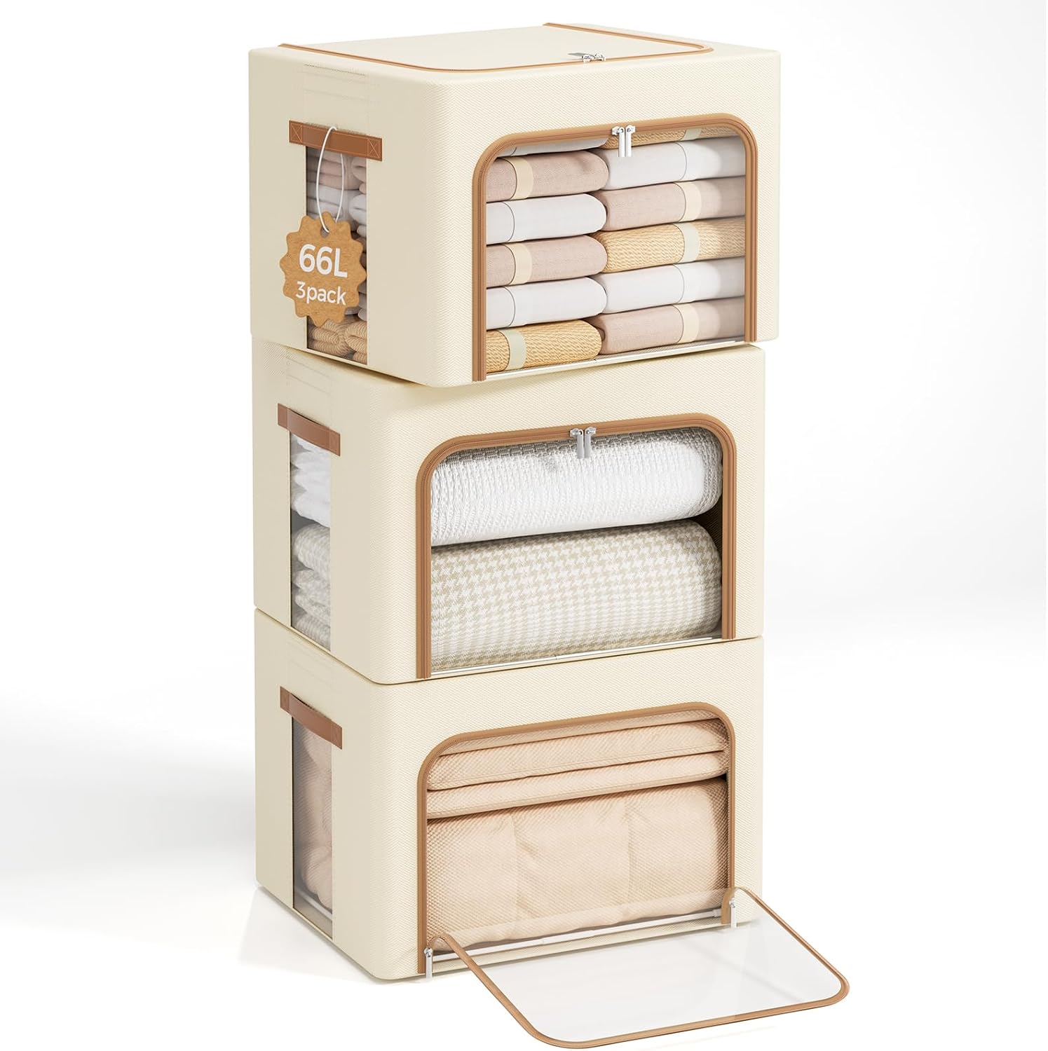 Yecaye 3-Pack 40/66L Clothes Storage Bins with Lid, Foldable Clothing Storage Bin with Clear Window, Stackable Storage Box for Closet, Fabric Zippered Organizer Container, Beige