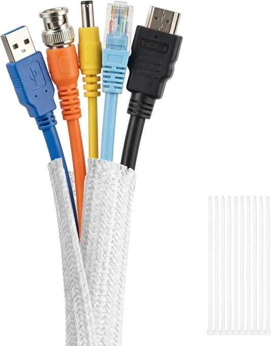 Delamu 10/30ft - 1/2 inch Cable Sleeve Cord Protector from Pets No Chew, Split-Braided PVC Wire Loom Tubing for Desk Computer USB TV Cord Organizer, Easy Set-up Cable Management Sleeve Kit, White, Black