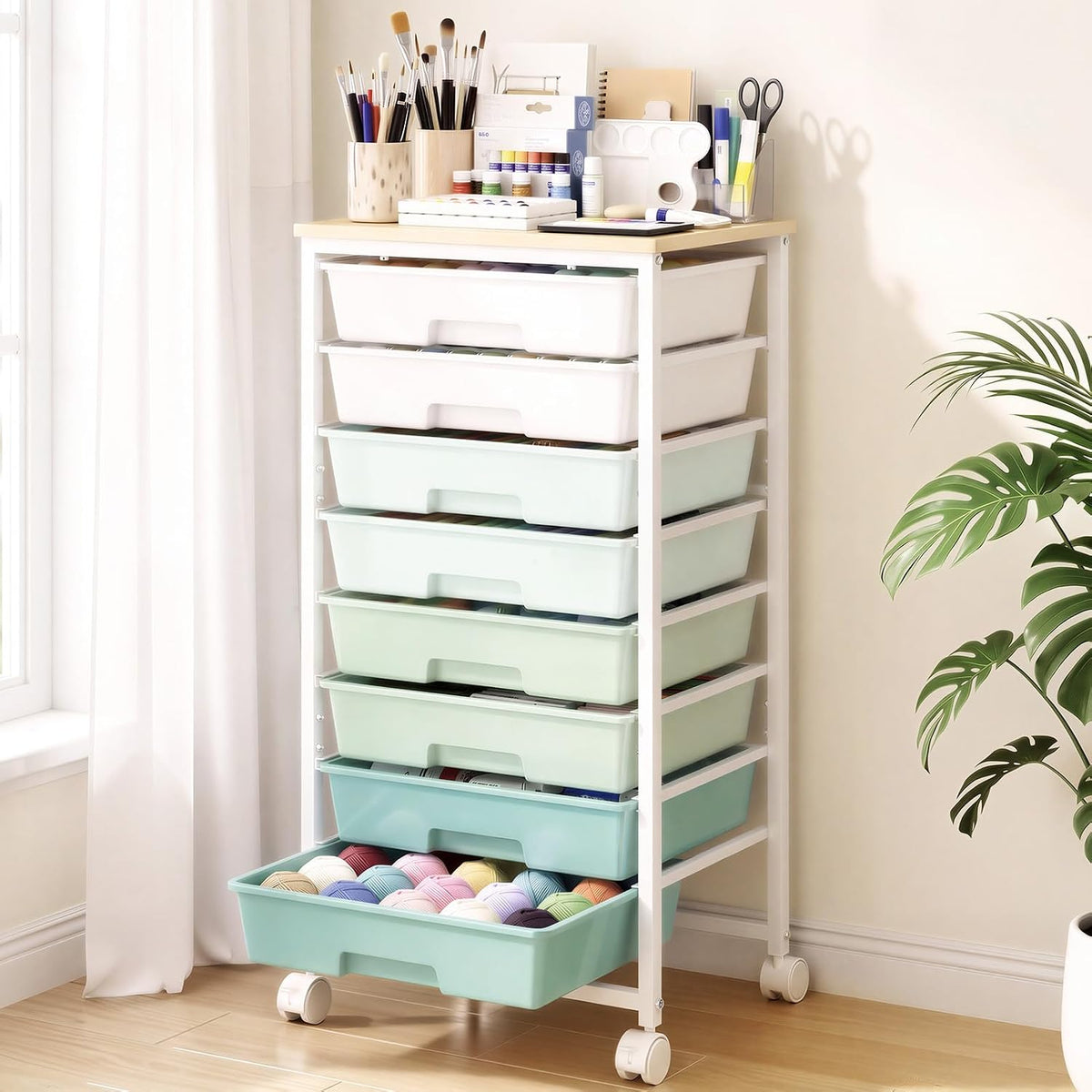 Delamu Rolling Storage Cart with 6/8 Drawers, Utility Craft Storage Cart | Storage Drawers Cart with Wooden Tabletop and Lockable Casters for Classroom Office Dorm Craft Art Supplie