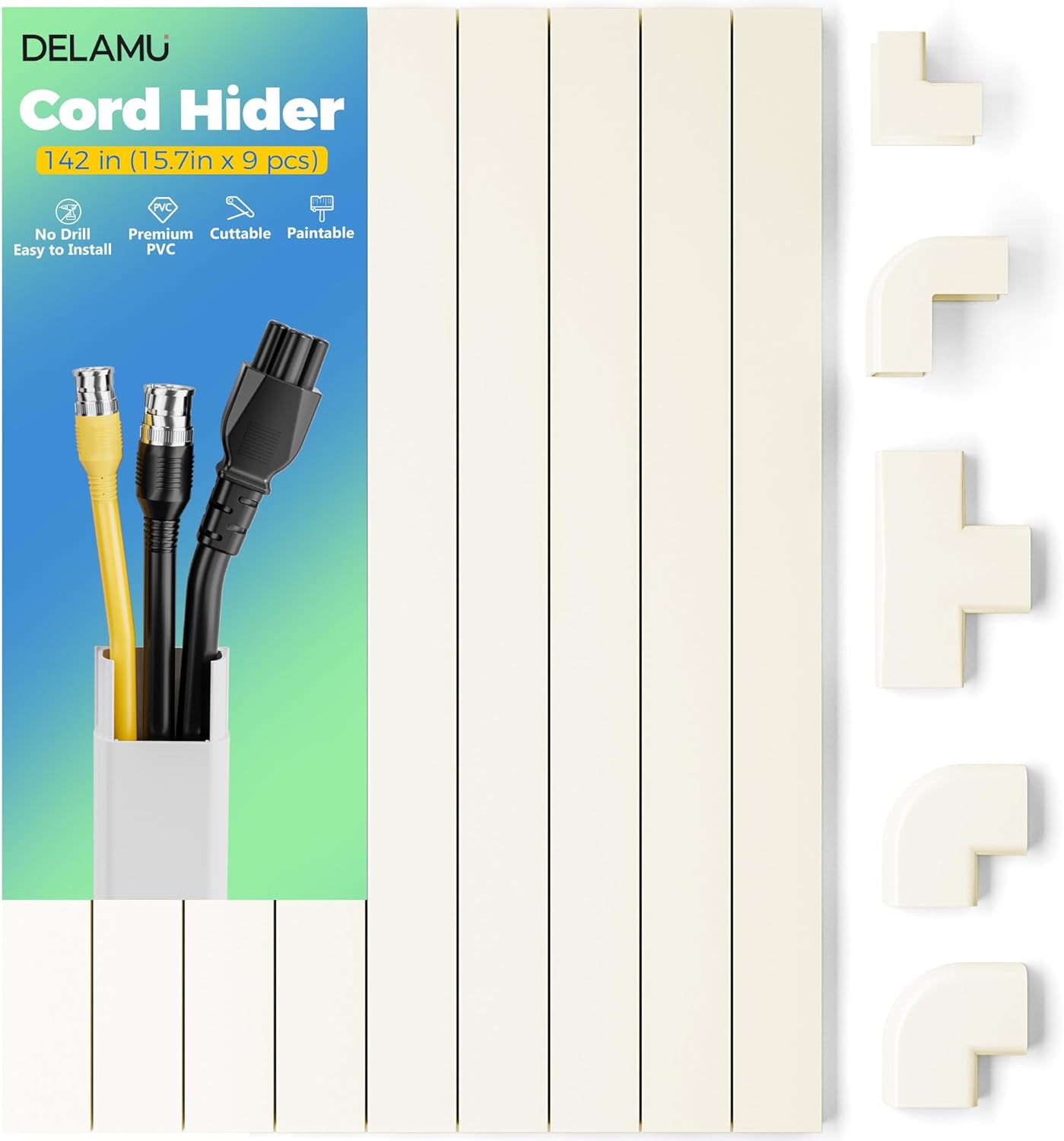 Delamu 128in Cord Hider for 1 Cord, Self-Adhesive Cord Covers for Wires on Wall, Easier Install Wire Covers for Cords on Wall, Cable Wire Hider, Cable Cover Management Raceway, W0.48 H0.3in, White