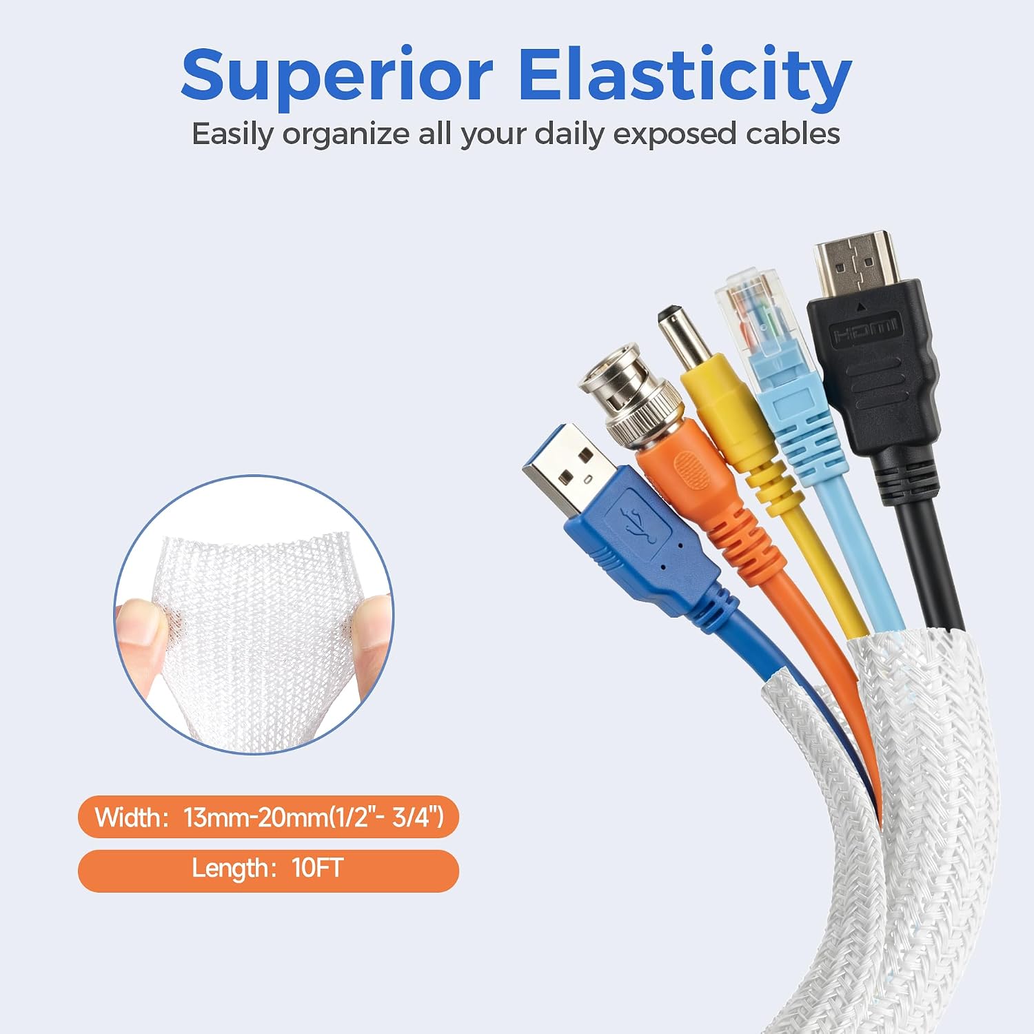 Delamu 10/30ft - 1/2 inch Cable Sleeve Cord Protector from Pets No Chew, Split-Braided PVC Wire Loom Tubing for Desk Computer USB TV Cord Organizer, Easy Set-up Cable Management Sleeve Kit, White, Black