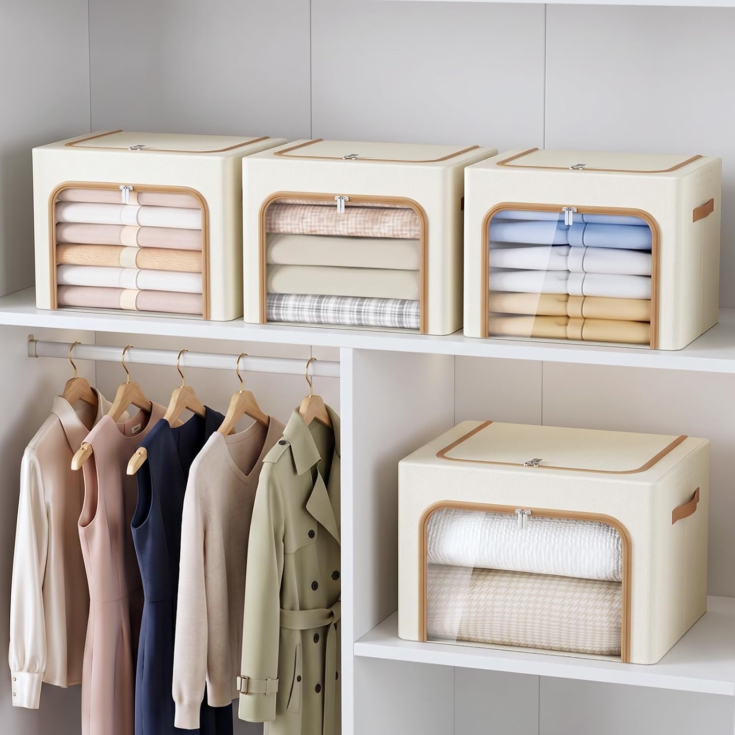 Yecaye 3-Pack 40/66L Clothes Storage Bins with Lid, Foldable Clothing Storage Bin with Clear Window, Stackable Storage Box for Closet, Fabric Zippered Organizer Container, Beige