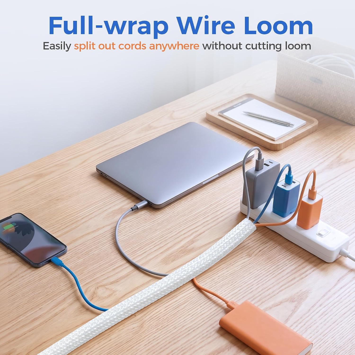 Delamu 10/30ft - 1/2 inch Cable Sleeve Cord Protector from Pets No Chew, Split-Braided PVC Wire Loom Tubing for Desk Computer USB TV Cord Organizer, Easy Set-up Cable Management Sleeve Kit, White, Black