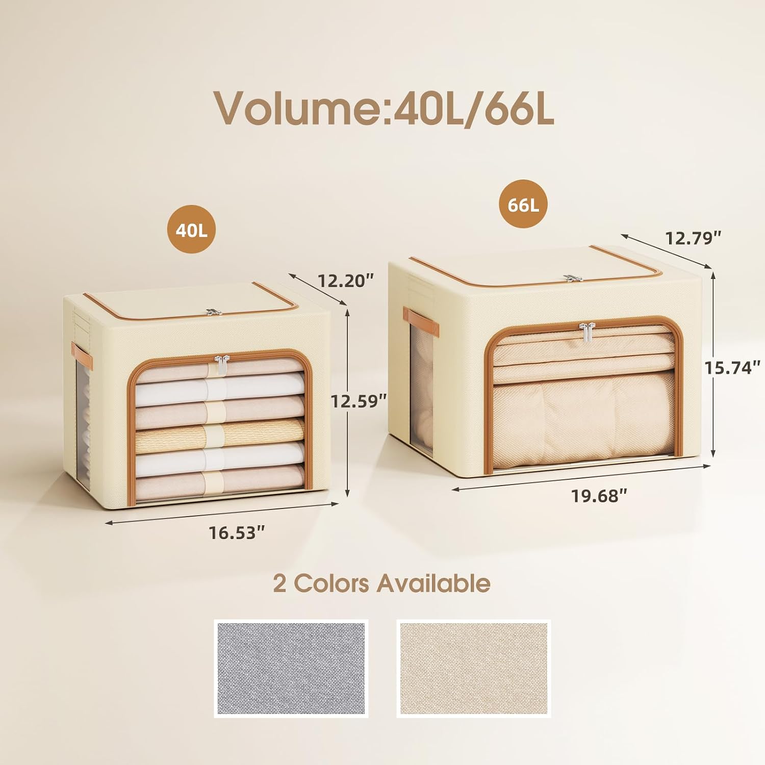 Yecaye 3-Pack 40/66L Clothes Storage Bins with Lid, Foldable Clothing Storage Bin with Clear Window, Stackable Storage Box for Closet, Fabric Zippered Organizer Container, Beige