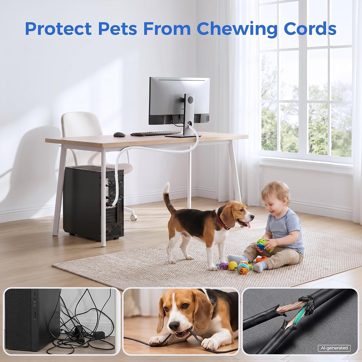 Delamu 10/30ft - 1/2 inch Cable Sleeve Cord Protector from Pets No Chew, Split-Braided PVC Wire Loom Tubing for Desk Computer USB TV Cord Organizer, Easy Set-up Cable Management Sleeve Kit, White, Black