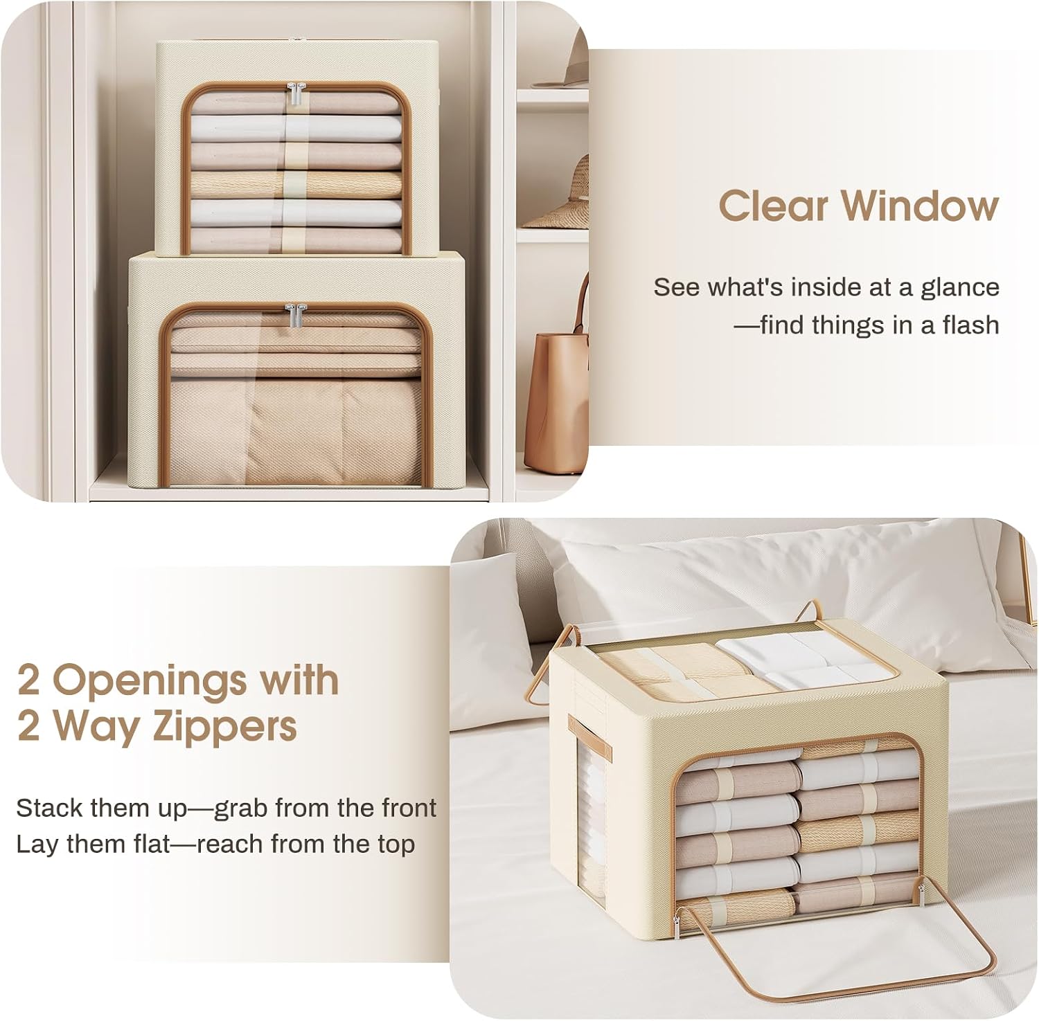 Yecaye 3-Pack 40/66L Clothes Storage Bins with Lid, Foldable Clothing Storage Bin with Clear Window, Stackable Storage Box for Closet, Fabric Zippered Organizer Container, Beige