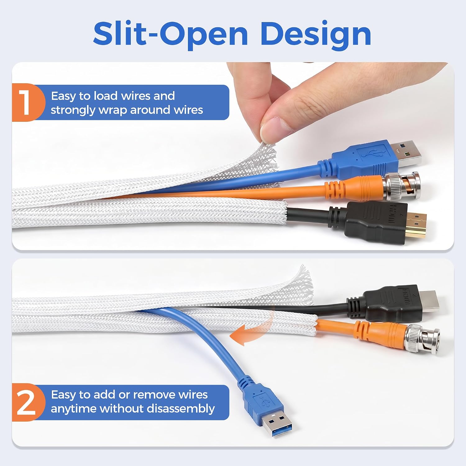 Delamu 10/30ft - 1/2 inch Cable Sleeve Cord Protector from Pets No Chew, Split-Braided PVC Wire Loom Tubing for Desk Computer USB TV Cord Organizer, Easy Set-up Cable Management Sleeve Kit, White, Black