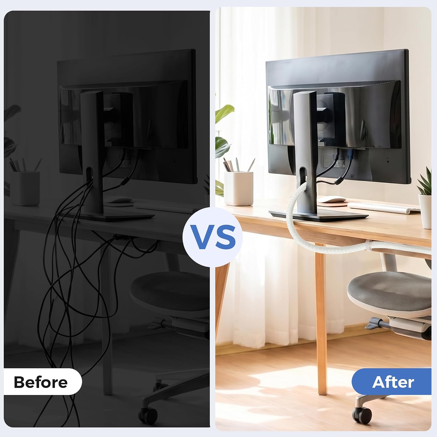 Delamu 10/30ft - 1/2 inch Cable Sleeve Cord Protector from Pets No Chew, Split-Braided PVC Wire Loom Tubing for Desk Computer USB TV Cord Organizer, Easy Set-up Cable Management Sleeve Kit, White, Black
