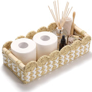 DELAMU Toilet Tank Paper Storage Baskets, 2 Pack (L+S) Bathroom Organizer, Scalloped Paper Rope Wicker Basket with Handles, for Boho Bedroom Countertop Living Room Kitchen Home Decor, White Patterned