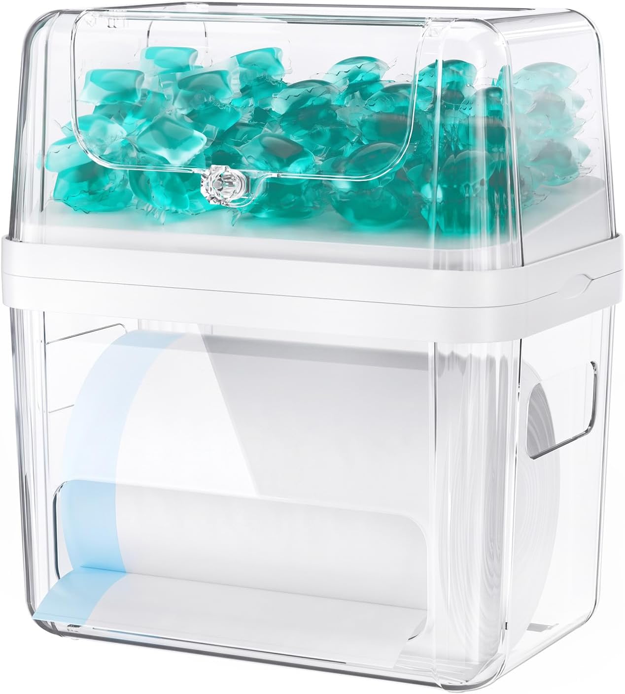 Delamu 3 In 1 Trash Bag Holder Dishwasher Pod Holder With Moistureproof Lid | Stackable Trash Bag Dispenser Garbage Bag Dispenser, Clear Storage Bins Laundry Pods Container for Under Sink Laundry Room