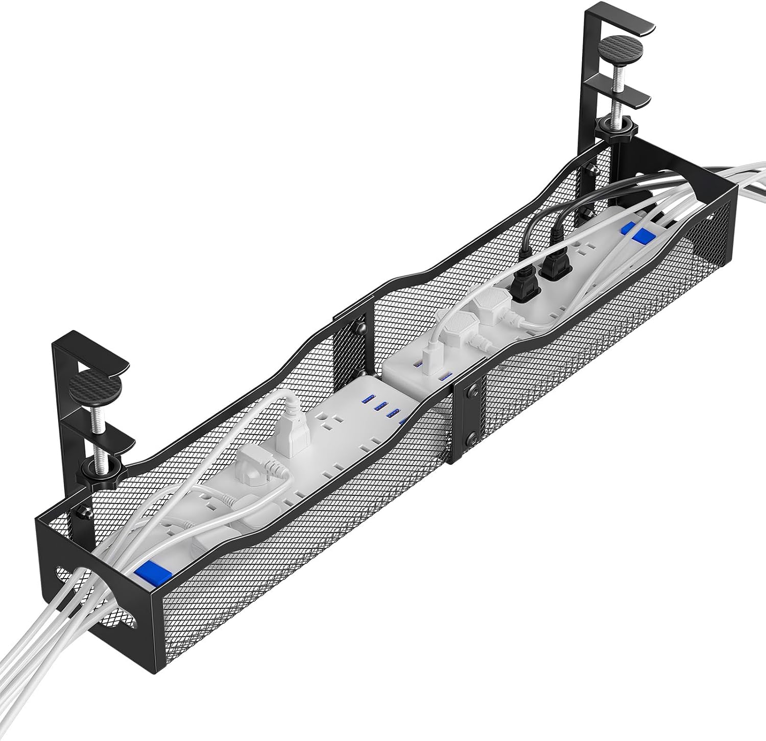DELAMU 25'' Upgraded Under Desk Cable Management, No Dill Desk Cable Management with F-Clamp, Metal Cable Management Tray to Cord Management for Home Office, Black
