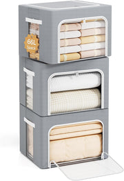 Yecaye 3-Pack 40/66L Clothes Storage Bins with Lid, Foldable Clothing Storage Bin with Clear Window, Stackable Storage Box for Closet, Fabric Zippered Organizer Container, Beige