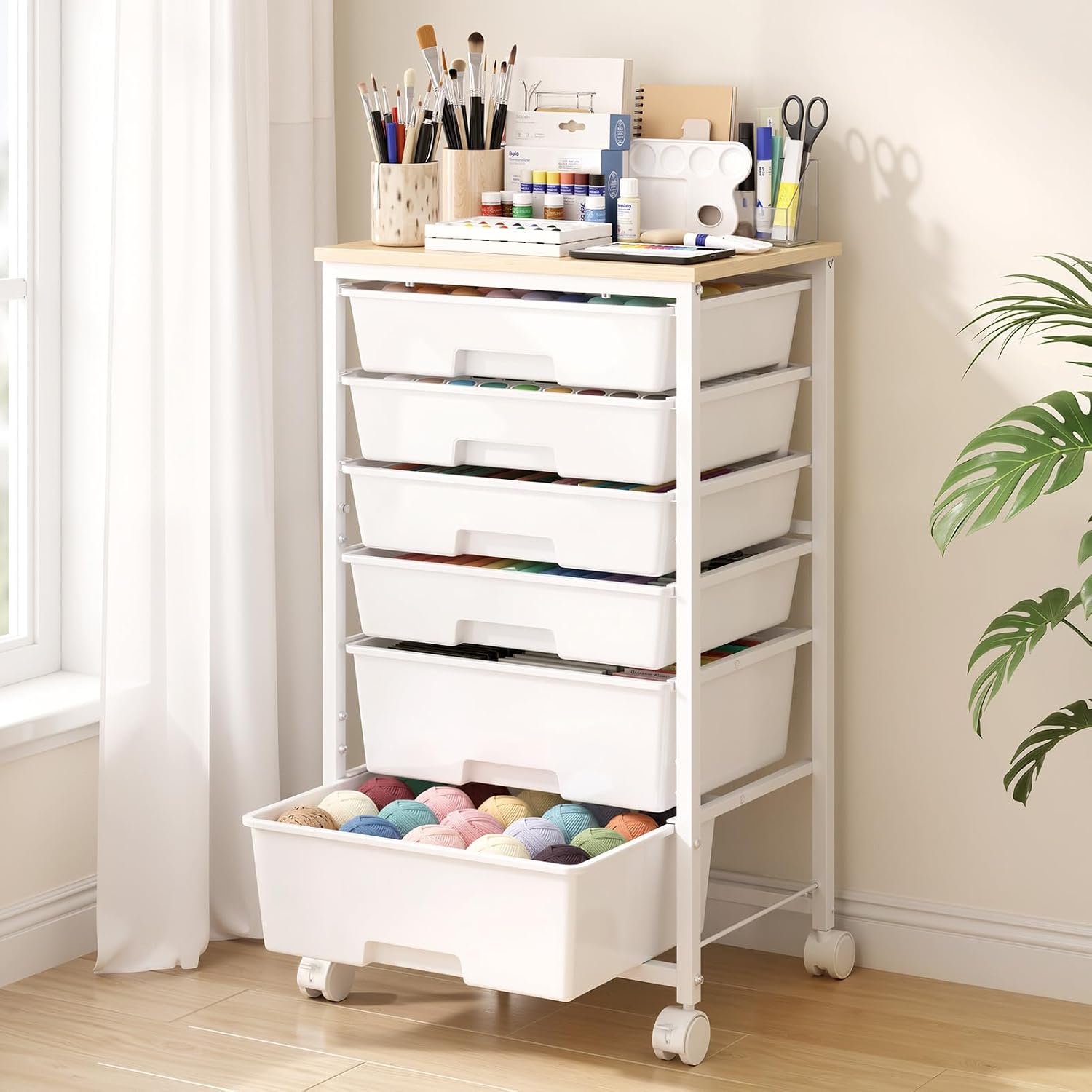 Delamu Rolling Storage Cart with 6/8 Drawers, Utility Craft Storage Cart | Storage Drawers Cart with Wooden Tabletop and Lockable Casters for Classroom Office Dorm Craft Art Supplie