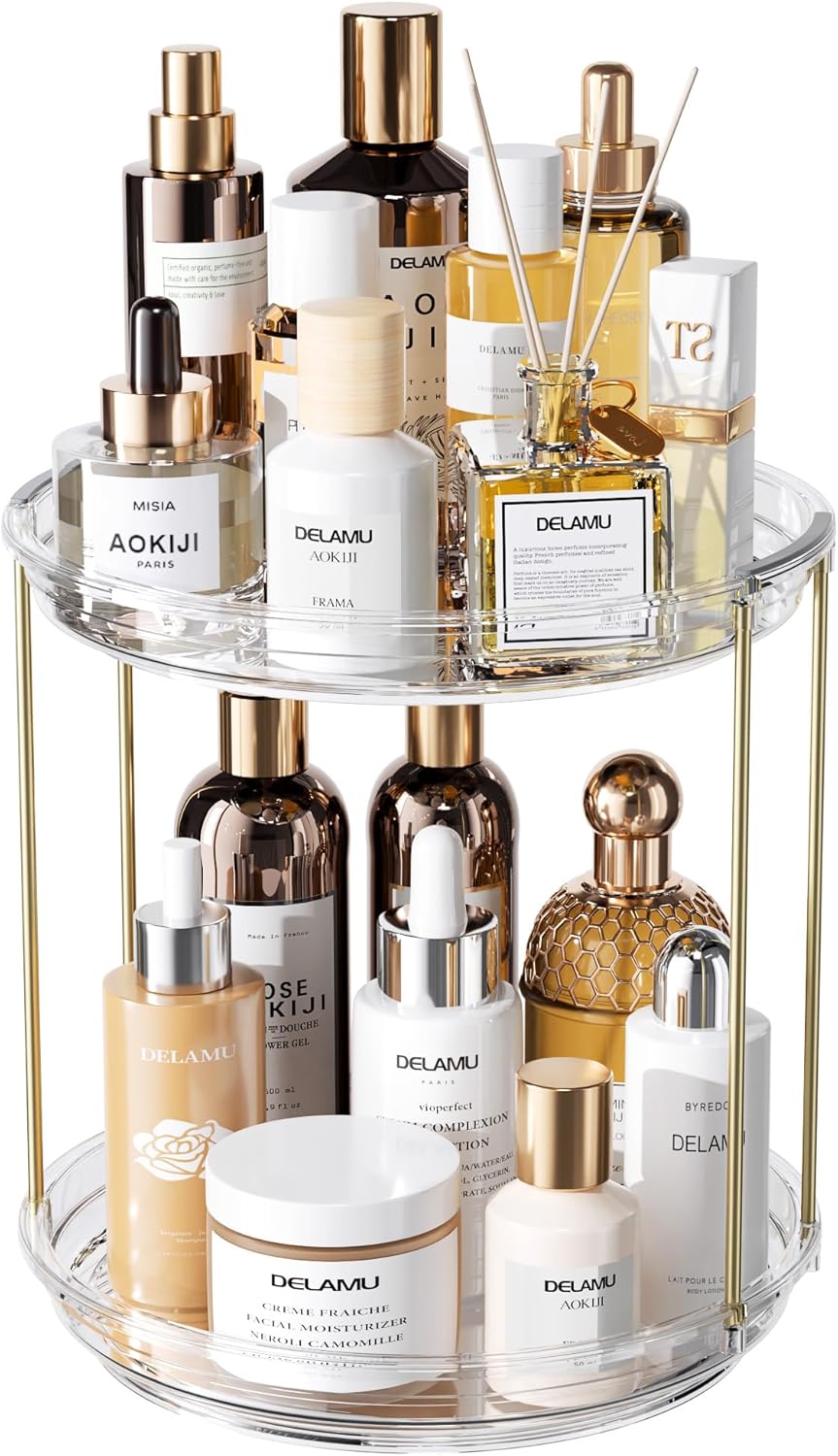 Delamu 2Tire 3 Tier Rotating Makeup Organizer for Vanity, Skincare Organizer for Bathroom Counter, Spinning Perfume Organizer Cosmetic Holder with Large Capacity, Grey