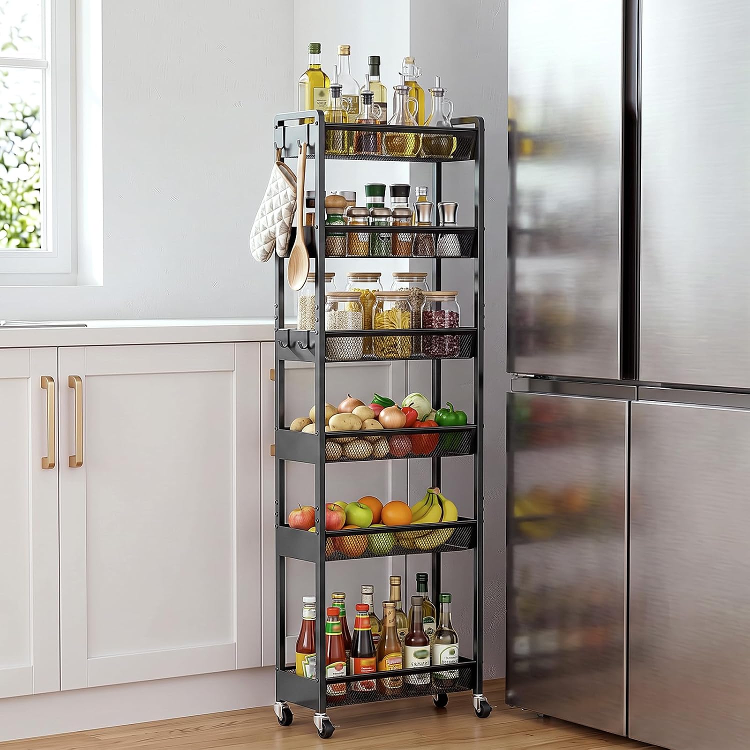 Delamu 4-6 Tier Slim Storage Rolling Cart, Utility Metal Narrow Cart 7.1" W