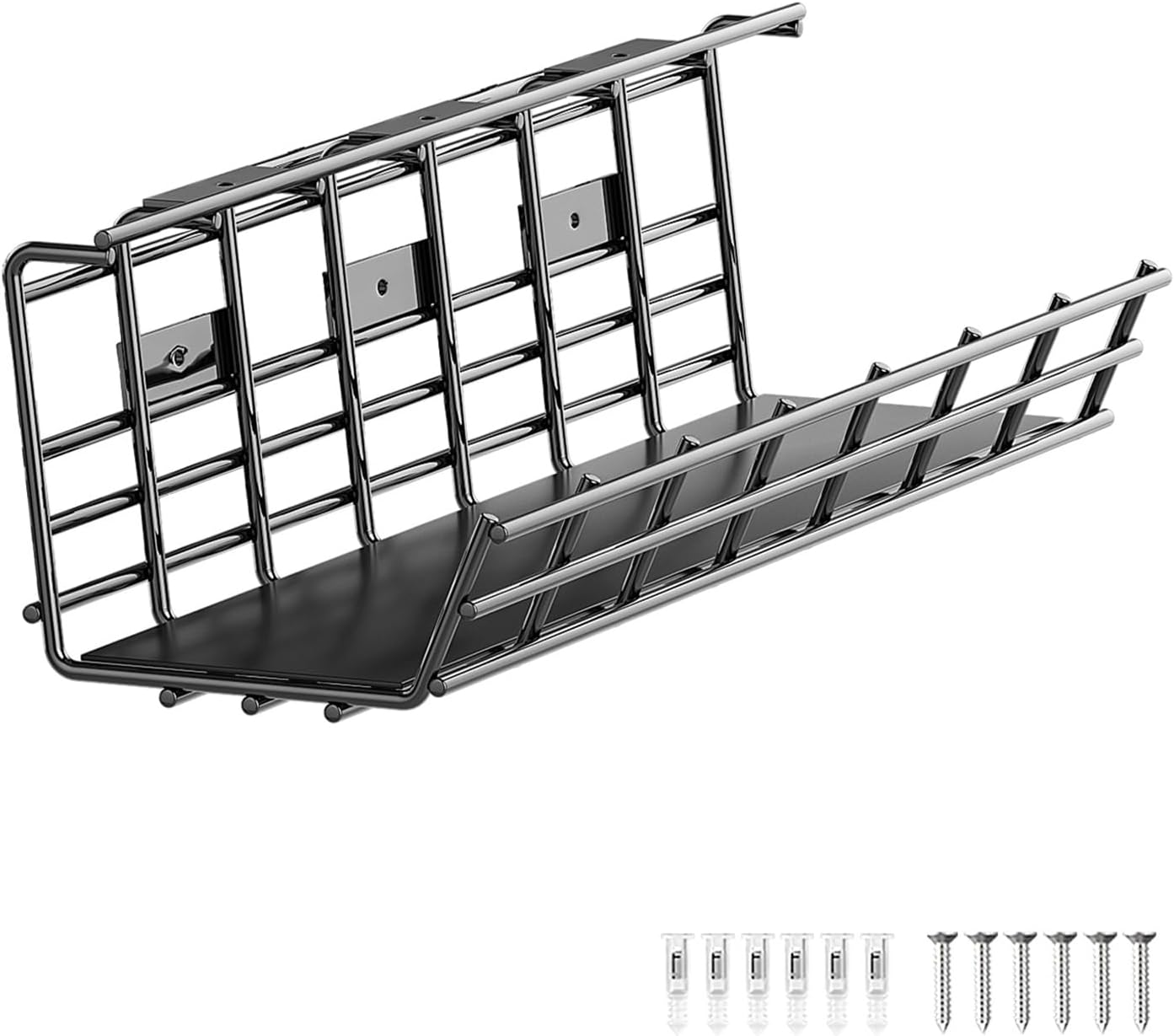 1 Pack DELAMU Under Desk Cable Management Tray, Large Metal Cord Organizer, Office & Home Cord Wire Management Under Desk Shelf, Easy Install Pre-drilled Cable Organizer, Black