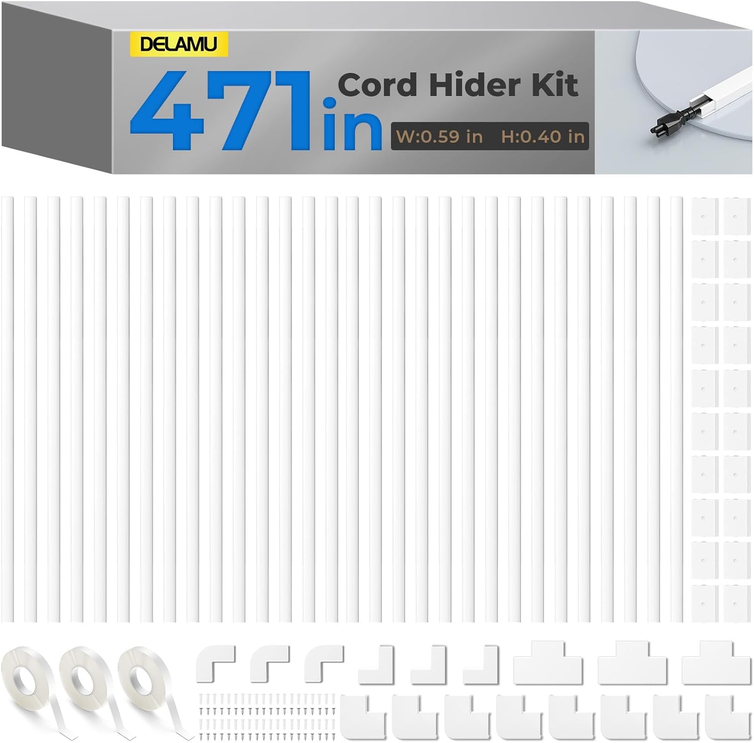 Delamu Cord Hider, 471in Total Cord Covers for Wires on Wall, Paintable Cable Cover for Wall Mounted TV, Easy Install Cable Raceways to Hide 3-4 Cords, 30 Pack