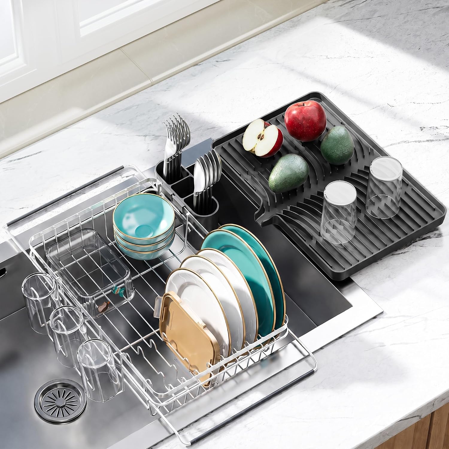 Delamu Over Sink Dish Drying Rack with Drainboard for Small Kitchen Counter