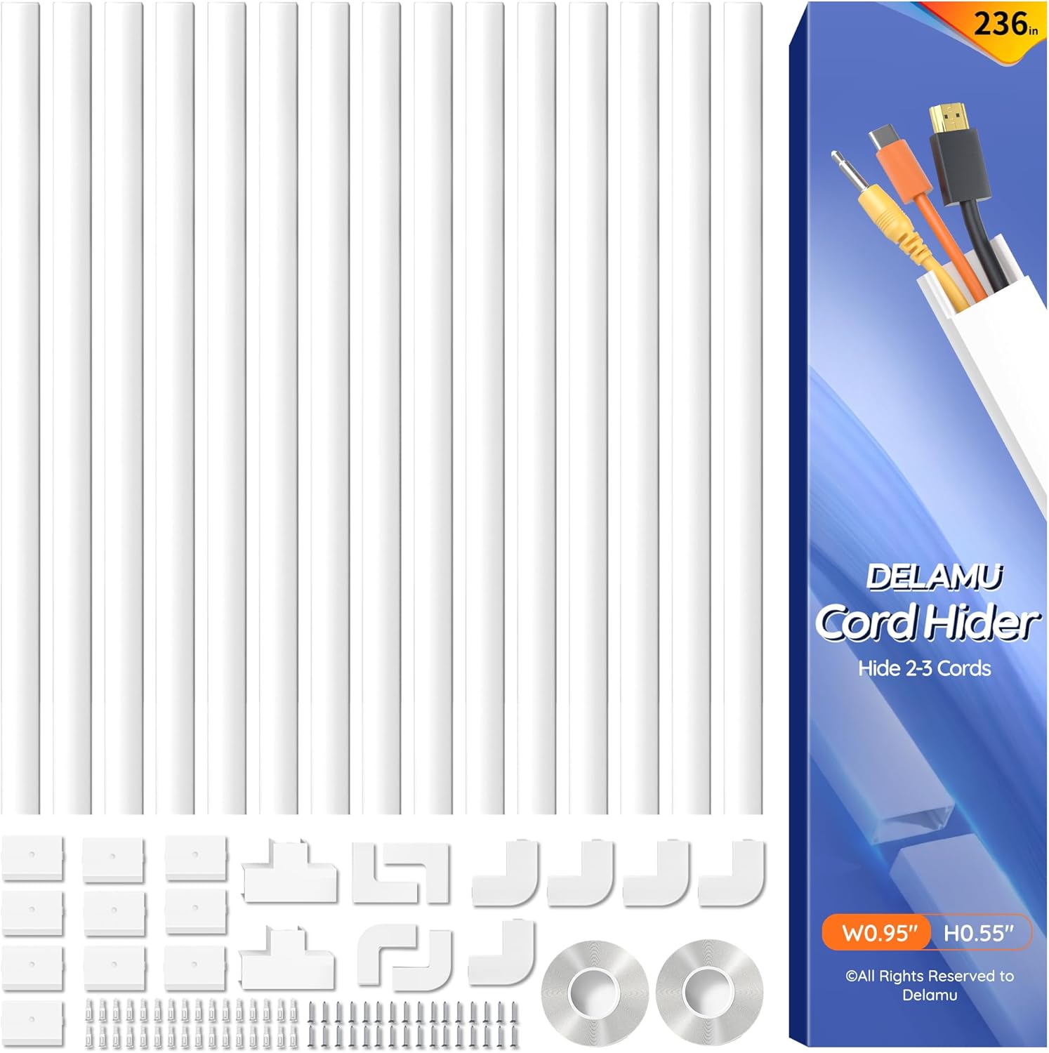 Delamu Cord Hider, 100in Self-Adhesive Cord Cover Kit for Wall Mounted TV, Paintable Wire Hider, Flexible Cable Management System, Cable Raceway Conceals 2-3 Wires, W0.95 H0.55in, White