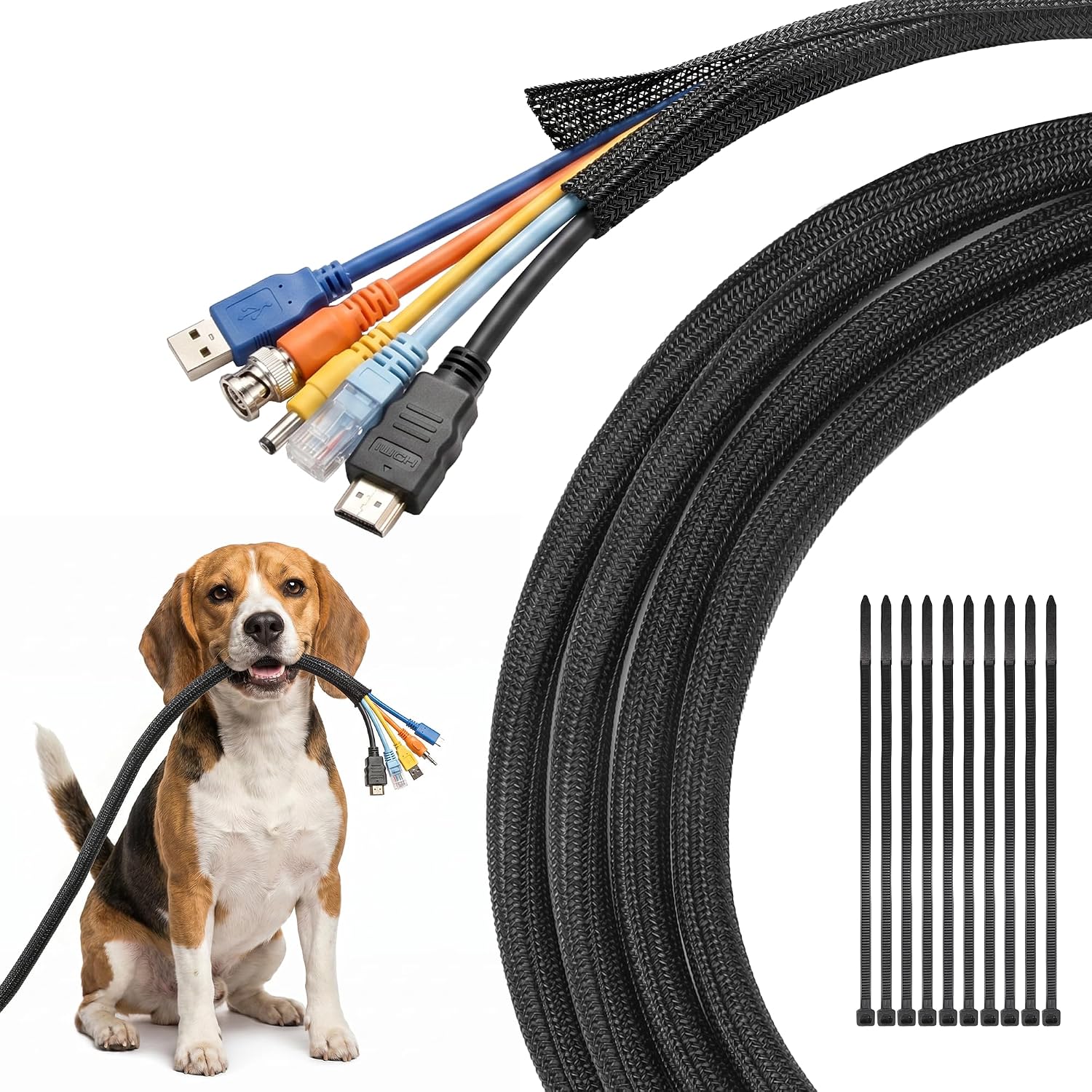 Delamu 10/30ft - 1/2 inch Cable Sleeve Cord Protector from Pets No Chew, Split-Braided PVC Wire Loom Tubing for Desk Computer USB TV Cord Organizer, Easy Set-up Cable Management Sleeve Kit, White, Black