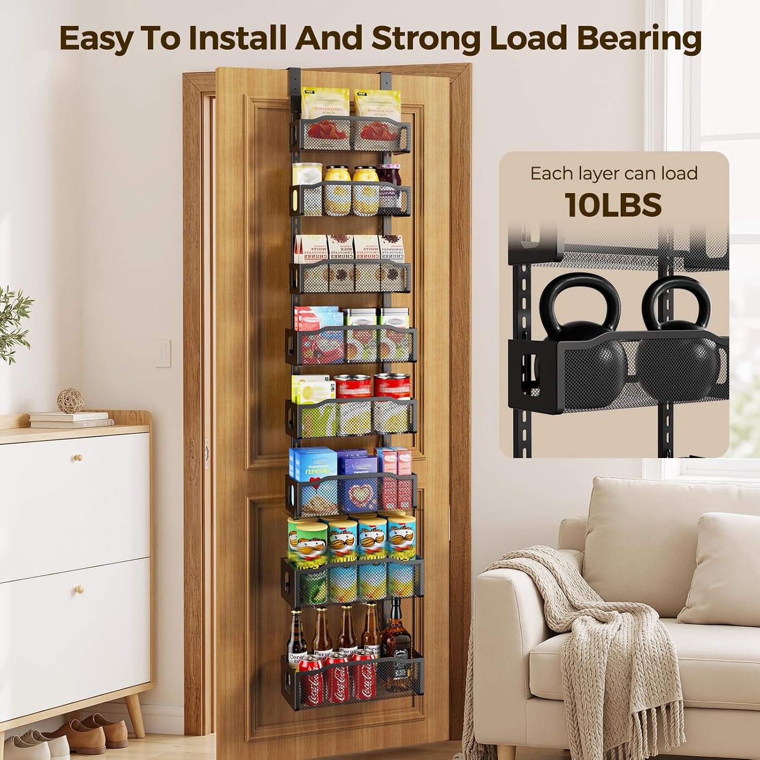 Delamu 8 Tier Over the Door Pantry Organizer, 2in1 Hanging or Wall Mount Spice Rack Seasoning, Adjustable Heavy-Duty Narrow Pantry Door Organizer and Storage for Kitchen Cabinet and Bathroom,12" White