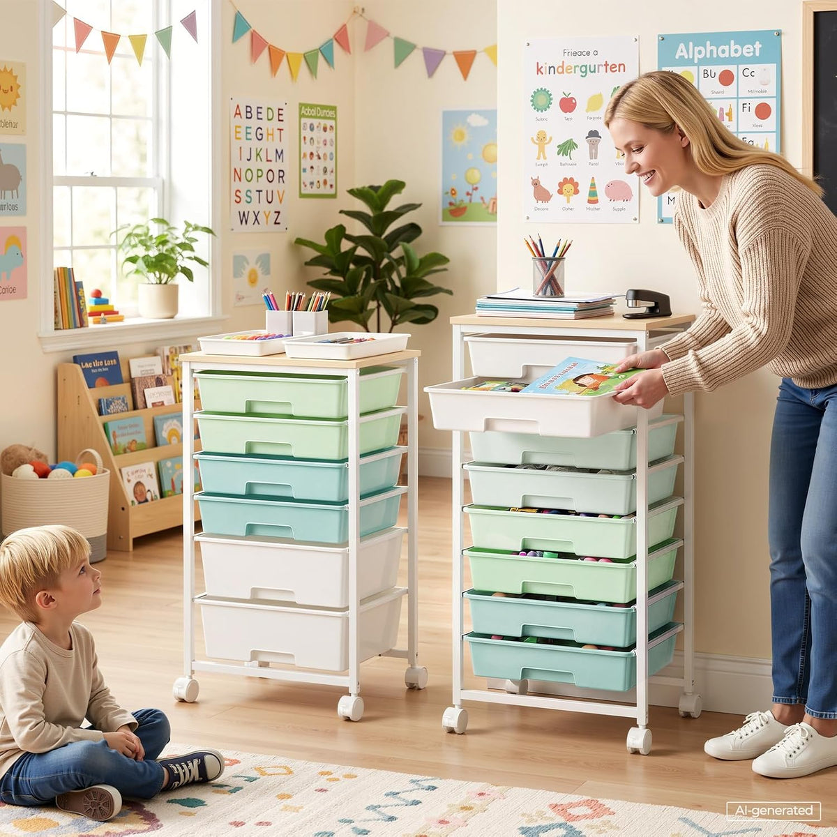 Delamu Rolling Storage Cart with 6/8 Drawers, Utility Craft Storage Cart | Storage Drawers Cart with Wooden Tabletop and Lockable Casters for Classroom Office Dorm Craft Art Supplie