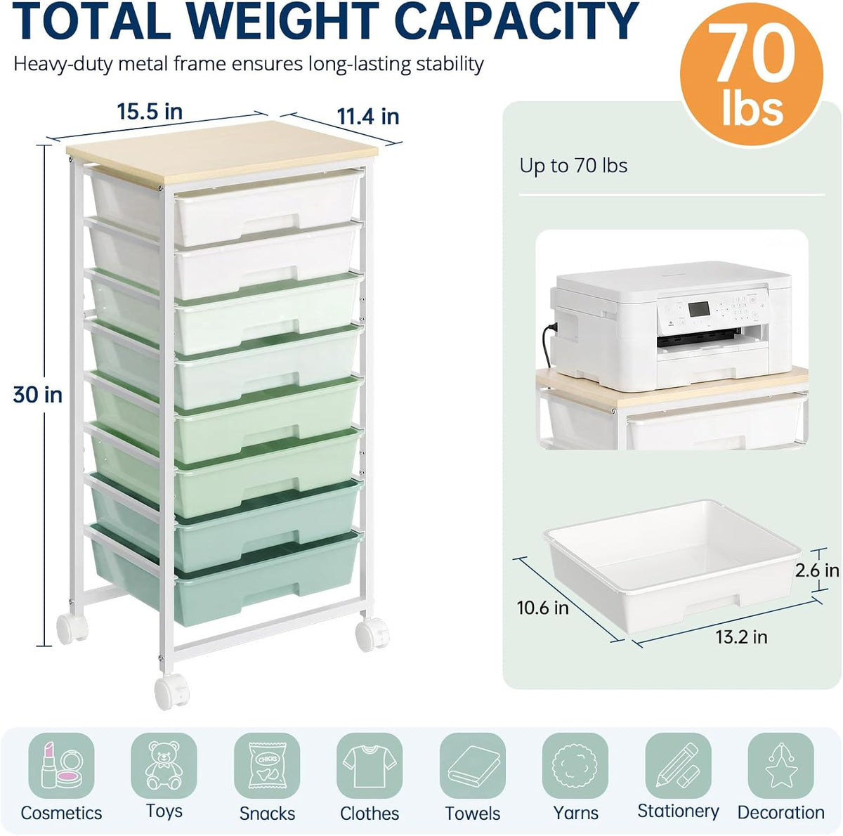 Delamu Rolling Storage Cart with 6/8 Drawers, Utility Craft Storage Cart | Storage Drawers Cart with Wooden Tabletop and Lockable Casters for Classroom Office Dorm Craft Art Supplie