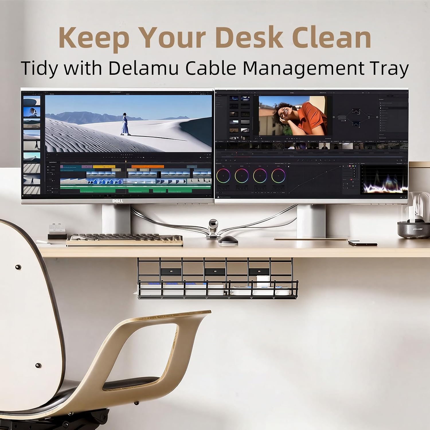 1 Pack DELAMU Under Desk Cable Management Tray, Large Metal Cord Organizer, Office & Home Cord Wire Management Under Desk Shelf, Easy Install Pre-drilled Cable Organizer, Black
